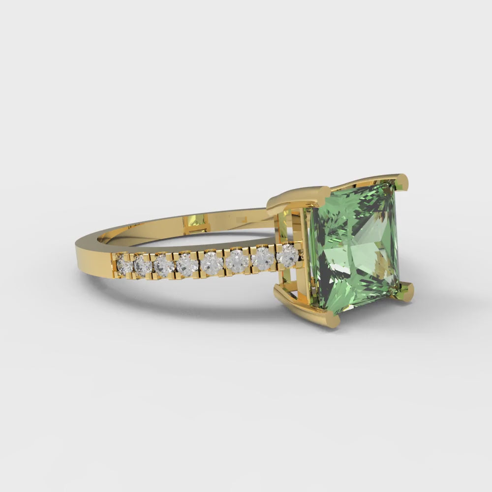 1.62 cttw Zirconia Simulated Green Diamond Solitaire with Zirconia Simulated Diamond Accents Engagement Ring - Solid Gold (VVS1, Princess Cut,6.5mm)