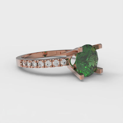 1.71 cttw Simulated Emerald Solitaire with Zirconia Simulated Diamond Accents Engagement Ring - Solid Rose Gold (VVS1, Round Cut,7.5mm)