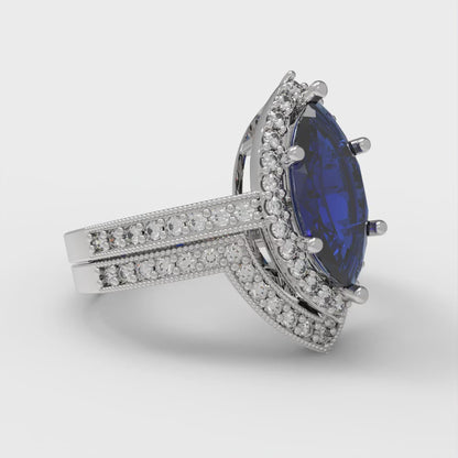 2.4875 cttw Marquise Cut Simulated Blue Sapphire Bridal Set - Solid White Gold Engagement Ring & Wedding Band