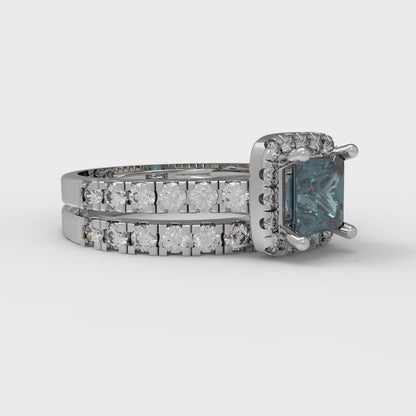 1.56 cttw Princess Cut Natural London Blue Topaz Bridal Set - Solid White Gold Engagement Ring & Wedding Band