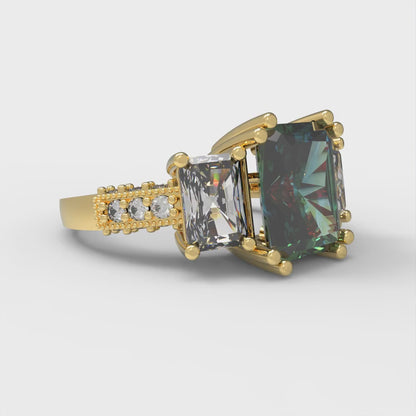 4.27 cttw Blue Moissanite Three-Stone Engagement Ring - Solid Gold (Emerald Cut,9x7mm)