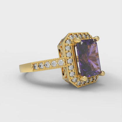 2.78 cttw Simulated Alexandrite Hidden Halo Engagement Ring - Solid Gold (Emerald Cut,8.5x6.5mm)