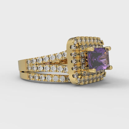 3.05 cttw Emerald Cut Natural Amethyst Bridal Set - Solid Yellow Gold Engagement Ring & Wedding Band