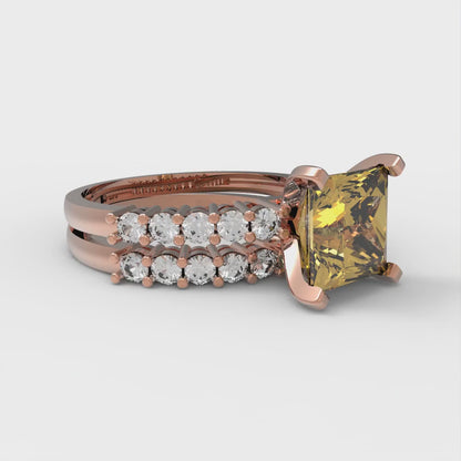 2.63 cttw Princess Cut Simulated Yellow Diamond Bridal Set - Solid Rose Gold Engagement Ring & Wedding Band