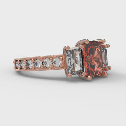 1.88 cttw Zirconia Simulated Red Diamond Three-Stone Engagement Ring - Solid Gold (VVS1, Emerald Cut,7x5mm)