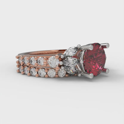 2.94 cttw Round Cut Natural Garnet Bridal Set - Solid Rose/White Gold Engagement Ring & Wedding Band