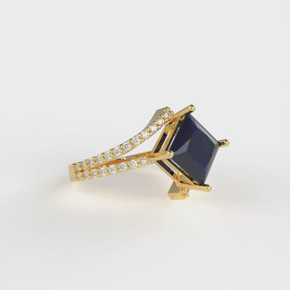 2.3075 cttw Simulated Blue Sapphire Solitaire with Zirconia Simulated Diamond Accents Engagement Ring - Solid Yellow Gold (VVS1, Princess Cut,7.0mm)