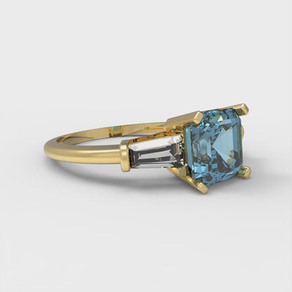 1.62 cttw Natural Sky Blue Topaz Three-Stone Engagement Ring - Solid Gold (Square Emerald Cut,6.5X6.5mm)