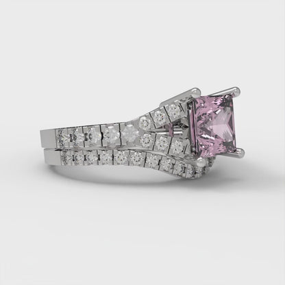 3.4 cttw Princess Cut Simulated Pink Diamond Bridal Set - Solid White Gold Engagement Ring & Wedding Band