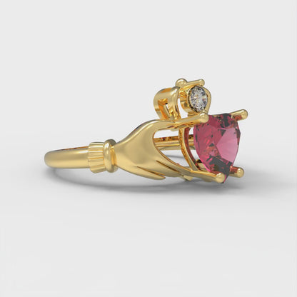 1.06 cttw Simulated Pink Tourmaline Celtic Claddagh Engagement Ring - Solid Gold (Heart Cut,6.5mm)