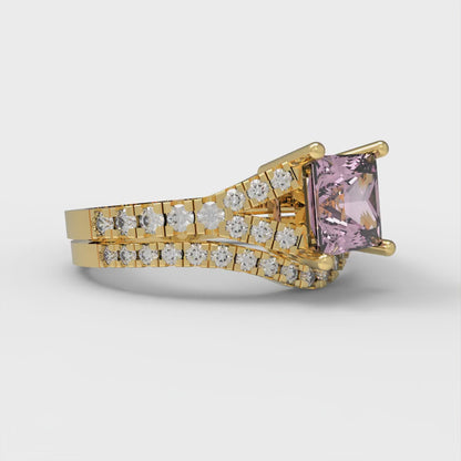 3.4 cttw Princess Cut Simulated Pink Diamond Bridal Set - Solid Yellow Gold Engagement Ring & Wedding Band