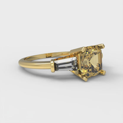 1.62 cttw Zirconia Simulated Yellow Diamond Three-Stone Engagement Ring - Solid Gold (VVS1, Square Emerald Cut,6.5X6.5mm)