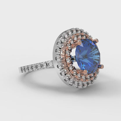 2.6 cttw Simulated Tanzanite Hidden Halo Engagement Ring - Solid White/Rose Gold (VVS1, Round Cut,8.0mm)