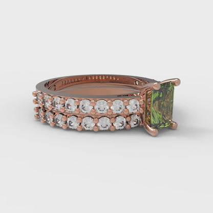 1.325 cttw Emerald Cut Natural Peridot Bridal Set - Solid Rose Gold Engagement Ring & Wedding Band