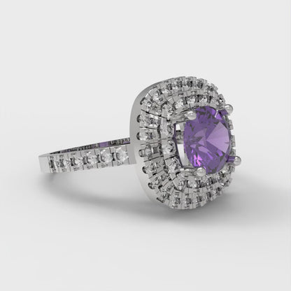 1.615 cttw Natural Amethyst Solitaire with Zirconia Simulated Diamond Accents Engagement Ring - Solid White Gold (VVS1, Round Cut,6.5mm)