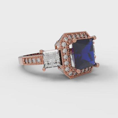 3.005 cttw Simulated Blue Sapphire Three-Stone Engagement Ring - Solid Rose Gold (VVS1, Princess Cut,7.0mm)