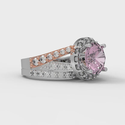 2.32 cttw Round Cut Simulated Pink Diamond Bridal Set - Solid White/Rose Gold Engagement Ring & Wedding Band