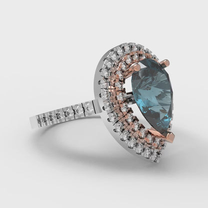 2.48 cttw Natural London Blue Topaz Hidden Halo Engagement Ring - Solid White/Rose Gold (VVS1, Pear Cut,10X7mm )