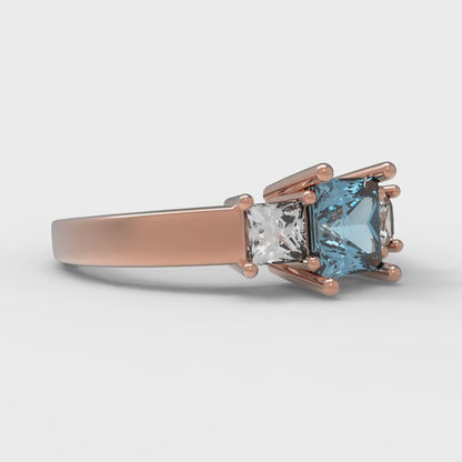 1.11 cttw Zirconia Simulated Blue Diamond Three-Stone Engagement Ring - Solid Rose Gold (VVS1, Princess Cut,5.0mm)