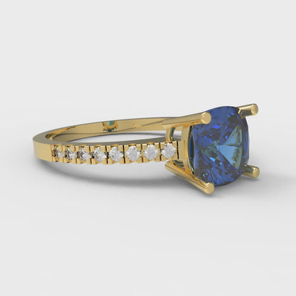 2.7 cttw Simulated Tanzanite Solitaire with Zirconia Simulated Diamond Accents Engagement Ring - Solid Gold (Cushion Cut,6.5mm)