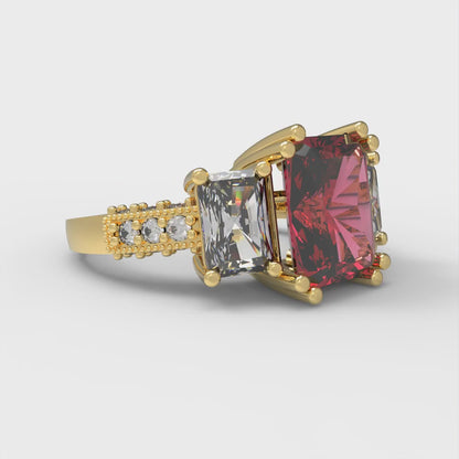 4.27 cttw Simulated Ruby Three-Stone Engagement Ring - Solid Yellow Gold (VVS1, Emerald Cut,9x7mm)