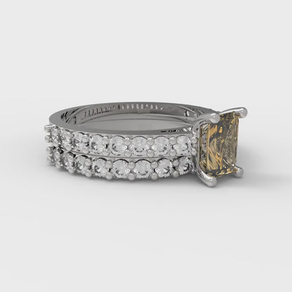 1.325 cttw Emerald Cut Simulated Champagne Diamond Bridal Set - Solid White Gold Engagement Ring & Wedding Band