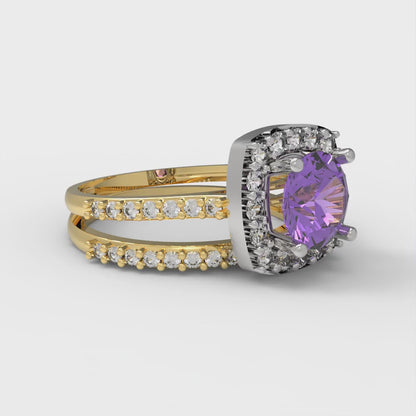 1.495 cttw Round Cut Simulated Alexandrite Bridal Set - Solid Yellow/White Gold Engagement Ring & Wedding Band