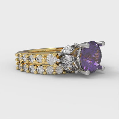 2.94 cttw Round Cut Natural Amethyst Bridal Set - Solid Yellow/White Gold Engagement Ring & Wedding Band