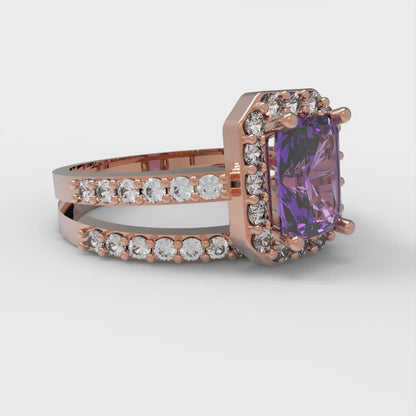 1.92 cttw Simulated Alexandrite Solitaire with Zirconia Simulated Diamond Accents Engagement Ring - Solid Gold (Emerald Cut,7.5X5.5mm)