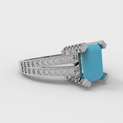 2.35 cttw Simulated Turquoise Solitaire with Zirconia Simulated Diamond Accents Engagement Ring - Solid Gold (Emerald Cut,8x6mm)