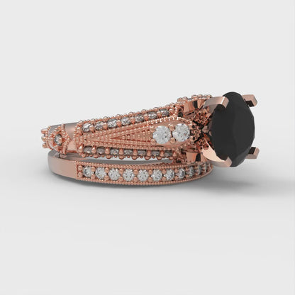 2.095 cttw Round Cut Natural Onyx Bridal Set - Solid Rose Gold Engagement Ring & Wedding Band