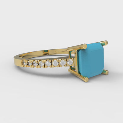 2.7 cttw Simulated Turquoise Solitaire with Zirconia Simulated Diamond Accents Engagement Ring - Solid Yellow Gold (VVS1, Asscher Cut,6.5mm)
