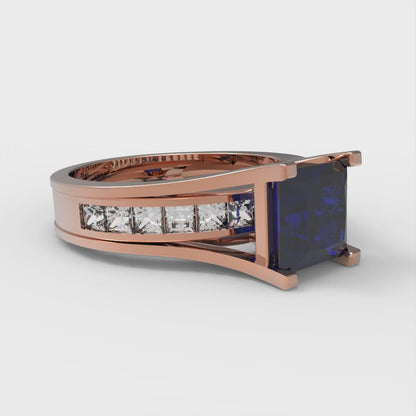 2.28 cttw Princess Cut Simulated Blue Sapphire Bridal Set - Solid Rose Gold Engagement Ring & Wedding Band