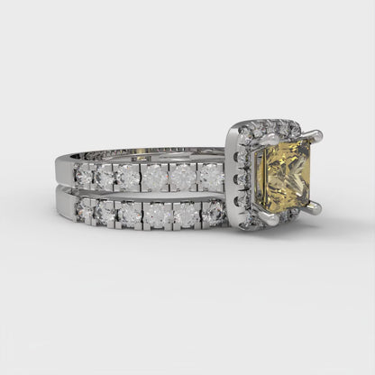 1.56 cttw Princess Cut Simulated Yellow Diamond Bridal Set - Solid White Gold Engagement Ring & Wedding Band