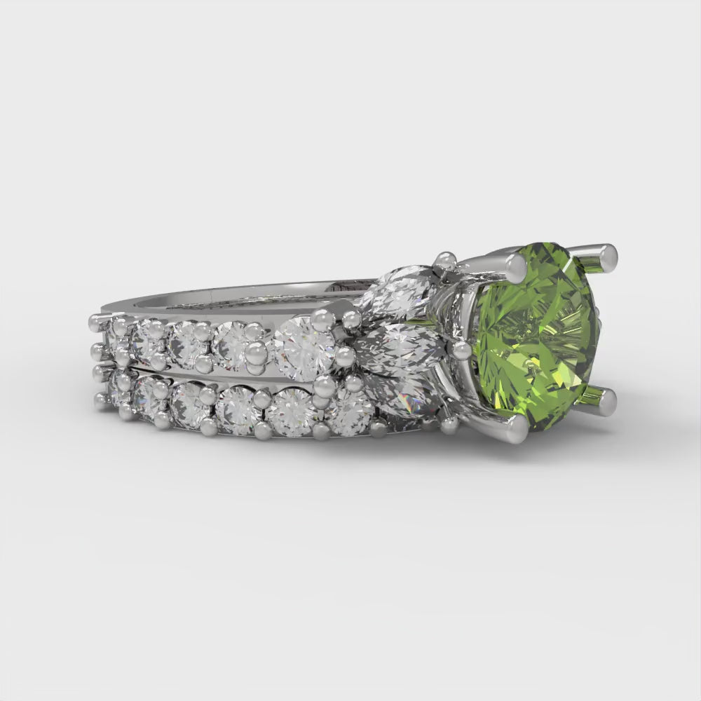 2.94 cttw Round Cut Natural Peridot Bridal Set - Solid White Gold Engagement Ring & Wedding Band