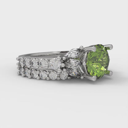 2.94 cttw Round Cut Natural Peridot Bridal Set - Solid White Gold Engagement Ring & Wedding Band