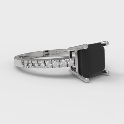 2.7 cttw Natural Onyx Solitaire with Zirconia Simulated Diamond Accents Engagement Ring - Solid White Gold (VVS1, Asscher Cut,6.5mm)