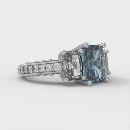 3.61 cttw Natural Swiss Blue Topaz Three-Stone Engagement Ring - Solid Gold (Emerald Cut,8x6mm)