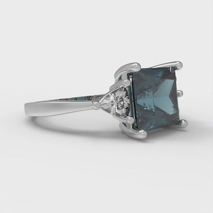 2.32 cttw Natural London Blue Topaz Three-Stone Engagement Ring - Solid White Gold (VVS1, Princess Cut,7.0mm)