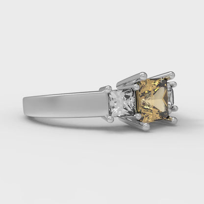 1.11 cttw Zirconia Simulated Champagne Diamond Three-Stone Engagement Ring - Solid White Gold (VVS1, Princess Cut,5.0mm)