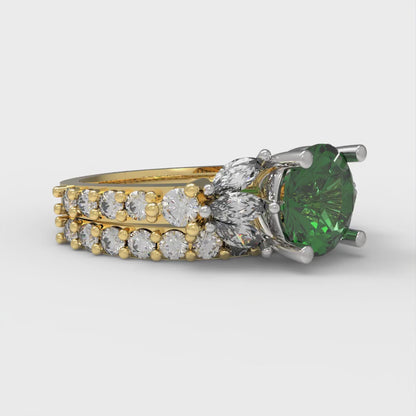 2.94 cttw Round Cut Simulated Emerald Bridal Set - Solid Yellow/White Gold Engagement Ring & Wedding Band