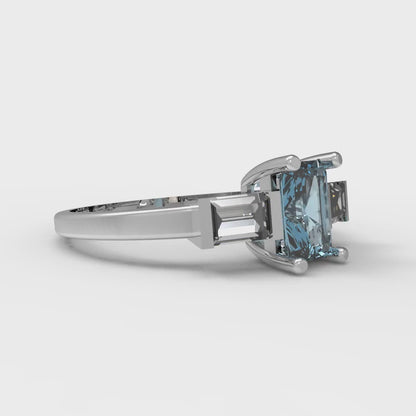 0.8 cttw Natural Aquamarine Three-Stone Engagement Ring - Solid White Gold (VVS1, Emerald Cut,6x4mm)