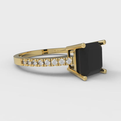 2.7 cttw Natural Onyx Solitaire with Zirconia Simulated Diamond Accents Engagement Ring - Solid Gold (Asscher Cut,6.5mm)