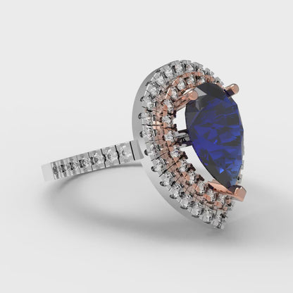 2.48 cttw Simulated Blue Sapphire Hidden Halo Engagement Ring - Solid White/Rose Gold (VVS1, Pear Cut,10X7mm )