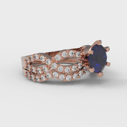 1.57 cttw Round Cut Simulated Blue Sapphire Bridal Set - Solid Rose Gold Engagement Ring & Wedding Band