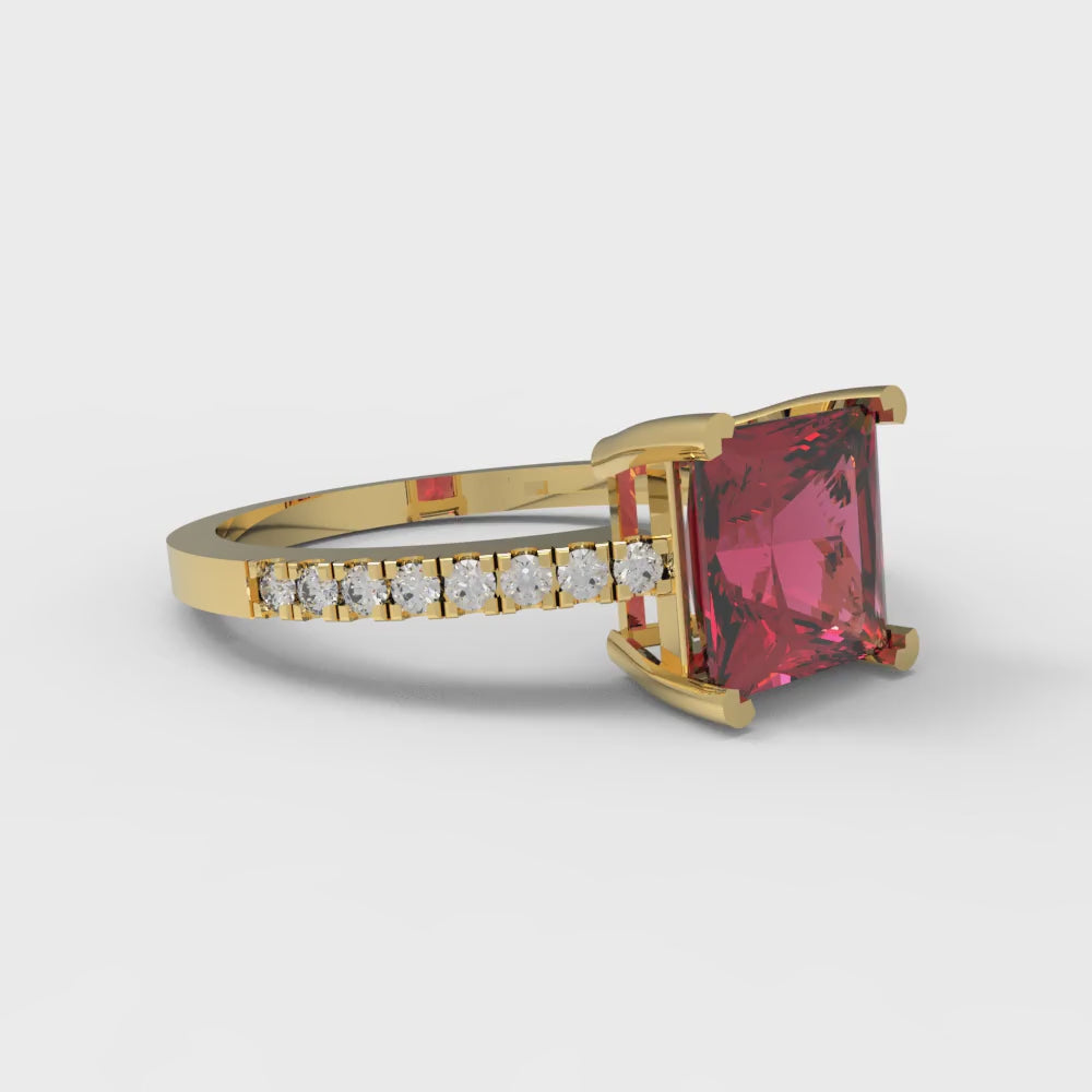 1.62 cttw Natural Garnet Solitaire with Zirconia Simulated Diamond Accents Engagement Ring - Solid Gold (Princess Cut,6.5mm)