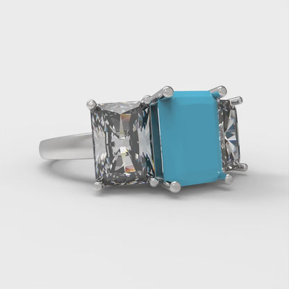 4 cttw Simulated Turquoise Three-Stone Engagement Ring - Solid Gold (Emerald Cut,8x6mm)