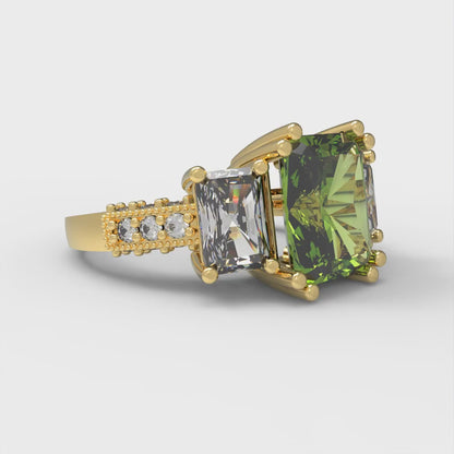 4.27 cttw Natural Peridot Three-Stone Engagement Ring - Solid Gold (Emerald Cut,9x7mm)