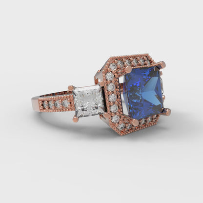 3.005 cttw Simulated Tanzanite Three-Stone Engagement Ring - Solid Rose Gold (VVS1, Princess Cut,7.0mm)