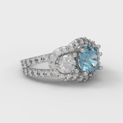 2.16 cttw Natural Aquamarine Three-Stone Engagement Ring - Solid White Gold (VVS1, Round Cut,6.5mm)